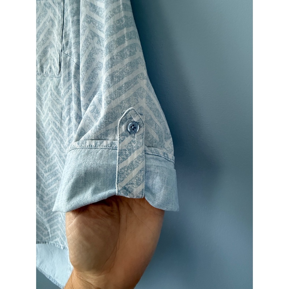 Chico's Blue Patterned Cotton Tunic Hi-Low 3/4 Sleeve Front Pockets Size 1 (M/8) - Picture 10 of 13